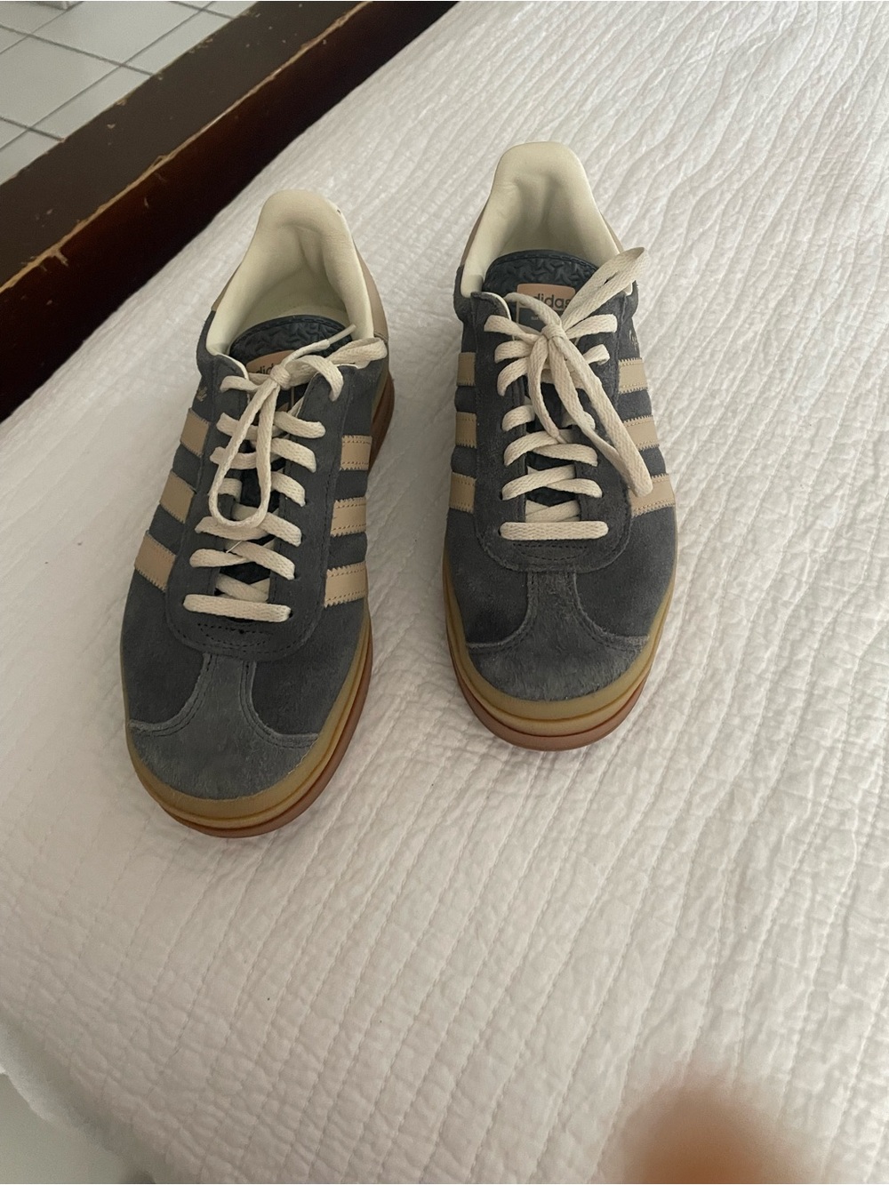 adidas gazelle Grey Suede Sneakers with Cream Stripes and Gum Sole